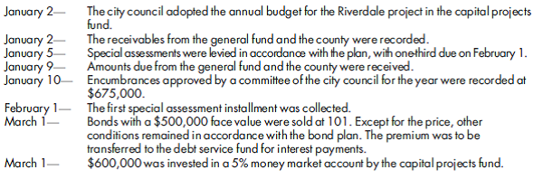 Capital projects fund, special assessments, debt service fund, effect on other funds/groups. In response to a petition signed by the property owners of Riverdale Subdivision, the city of Pewaukee will oversee the installation of sidewalks, curbs, and gutters in the subdivision, to be accounted for in the city's capital projects fund. Pewaukee reports on a calendar-year basis. Construction is estimated to cost $900,000 and will be financed by a $100,000 county grant, a $50,000 transfer from the city's general fund, and special assessments of $750,000 to be levied against subdivision property owners. One-third of the levy is to be due on February 1 of each year, starting with 2018. The first $250,000 installment will be received by the capital projects fund directly. The remaining installments will be collected by the debt service fund and will be used to service the related bond debt. The project is to begin on January 15, 2018, and is to take 18 months to complete. It is estimated that 70% of the work will be completed during 2018. To cover construction costs, a 6%, $500,000 special assessment serial bond issue will be floated on March 1, 2018. Interest is to be paid semiannually on September 1 and March 1 by the debt service fund. One-fifth of the principal will be redeemed on March 1 of each year, starting with 2019. Since interest earned on special assessments will offset bond interest cost, the city will not accrue interest. Although the special assessments will provide cash to redeem the bond principal and pay the bond interest, Pewaukee has pledged its full faith and credit as security for the bond obligation. The following events happen during 2018:    