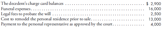 Preparation of a charge and discharge statement. Eleanor Matsun died on June 1 of the current year, leaving a valid will with JamesMadison being named as her personal representative. All of the following occurred in the year of her death: a. The personal representative prepared the following inventory of assets at fair market value as of the date of death:.   b. Subsequent to filing the above inventory with the court, the personal representative discovered the decedent's gold coin collection valued at $18,000. c. On June 20, $2,500 was received from Pal Corporation for dividends declared onMay 10 to shareholders of record on May 31. d. On July 7, the time share condominium was sold for $30,000. e. The following items were paid during the period from June 2 through July 31:   f. On July 5, a check for $15,000 was received for the decedent's portion of Matsun Limo Service income earned during the quarter ended June 30. Income is assumed to be earned evenly over the quarter. g. The decedent's partner in the limo service offered the personal representative $65,000 for the decedent's interest in the partnership. After much negotiation, the interest was sold for $80,000. h. In mid-September, the decedent's personal residence was sold for $162,000, net of brokerage and closing costs totaling $15,000. The outstanding mortgage and accrued interest were promptly paid in the amount of $82,800. At the date of death, the mortgage balance along with accrued interest was $81,100. i. On October 1, a check was received for interest on the RTC bonds. j. On November 5, the decedent's income tax return for the year of death was filed and $6,400 of additional taxes was sent in with the return. Prepare a charge and discharge statement as of December 31 of the current year.<div style=padding-top: 35px> 