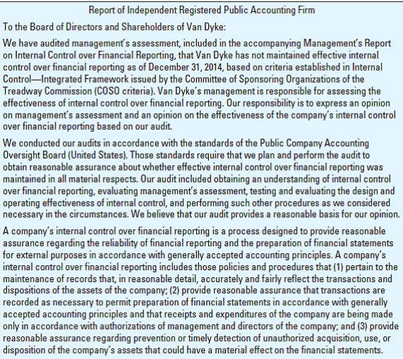 Reports on Internal Control over Financial Reporting (Identify Report Deficiencies). Sorrell, CPA, is auditing the financial statements of Van Dyke as of December 31, 2014. Sorrell's substantive procedures and other tests indicated that Van Dyke's financial statements were prepared in accordance with generally accepted accounting principles and, accordingly, Sorrell expressed an unqualified opinion on those financial statements. Because Van Dyke's securities are registered with the Securities and Exchange Commission, Van Dyke is subject to the reporting requirements of AS 5. During its assessment of internal control over financial reporting, Van Dyke's management identified material weaknesses related to (1) the method of accounting for sales commissions and (2) separation of duties related to purchase transactions. Sorrell was able to gather sufficient evidence and did not encounter any limitations with respect to the evaluation of Van Dyke's internal control over financial reporting. Sorrell prepared the following draft report on Van Dyke's internal control over financial reporting: Required:  Identify the deficiencies in the audit report drafted by Sorrell. Group the deficiencies by paragraph and in the order in which they appear. Do not rewrite the report. Cite the relevant sections from the professional standards.       