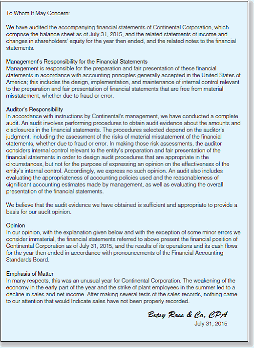 Audit Report Deficiencies. On September 23, 2015, Betsy Ross drafted the following report on Continental Corporation's financial statements. Required: List and explain the deficiencies and omissions in the report prepared by Ross on Continental Company's financial statements.
