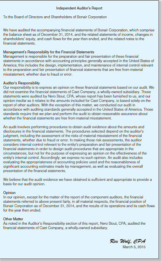 Audit Report Deficiencies: Audits of Group Financial Statements and Other Operating Matters. Following is Rex Wolf's report on Bonair Corporation's financial statements. Bonair publishes general-purpose financial statements for distribution to owners, creditors, potential investors, and the general public. Required: Describe the reporting deficiencies and explain why they are considered deficiencies. Organize your response according to each of the paragraphs or sections in the standard (unmodified) report.