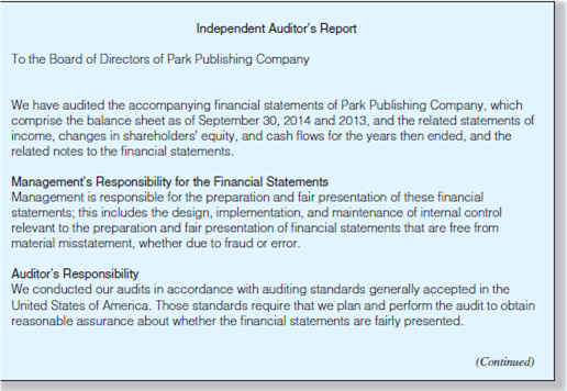 Audit Report Deficiencies: Accounting Change and Uncertainty. The following auditors' report was drafted by Quinn Moore, a staff auditor with Tyler Tyler, CPAs, at the completion of the audit of the financial statements of Park Publishing Company for the year ended September 30, 2014. The engagement partner reviewed the audit documentation and properly decided to issue an unmodified opinion. In drafting the report, Moore considered the following: • During fiscal year 2014, Park changed its depreciation method. The engagement partner concurred with this change in accounting principles and its justification, and Moore included an emphasis-of-matter paragraph in the report. • The 2014 financial statements are affected by an uncertainty concerning a lawsuit, the outcome of which cannot presently be estimated. Moore included an emphasis-of-matter paragraph in the report to emphasize this uncertainty. • The financial statements for the year ended September 30, 2013, are to be presented for comparative purposes. Tyler Tyler previously audited these statements and expressed an unmodified opinion. Required: Identify the deficiencies in the auditors' report as drafted by Moore. Group the deficiencies by section or paragraph and in the order in which they appear. Do not rewrite the report.