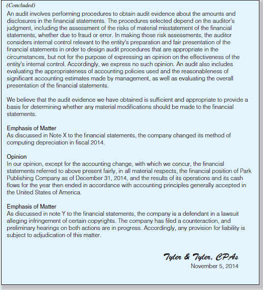 Audit Report Deficiencies: Accounting Change and Uncertainty. The following auditors' report was drafted by Quinn Moore, a staff auditor with Tyler Tyler, CPAs, at the completion of the audit of the financial statements of Park Publishing Company for the year ended September 30, 2014. The engagement partner reviewed the audit documentation and properly decided to issue an unmodified opinion. In drafting the report, Moore considered the following: • During fiscal year 2014, Park changed its depreciation method. The engagement partner concurred with this change in accounting principles and its justification, and Moore included an emphasis-of-matter paragraph in the report. • The 2014 financial statements are affected by an uncertainty concerning a lawsuit, the outcome of which cannot presently be estimated. Moore included an emphasis-of-matter paragraph in the report to emphasize this uncertainty. • The financial statements for the year ended September 30, 2013, are to be presented for comparative purposes. Tyler Tyler previously audited these statements and expressed an unmodified opinion. Required: Identify the deficiencies in the auditors' report as drafted by Moore. Group the deficiencies by section or paragraph and in the order in which they appear. Do not rewrite the report.