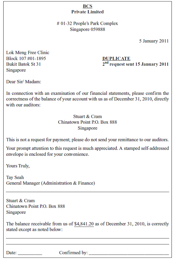Substantive test of balances. Refer to Appendix A for five replies from customers of BCS Inc. in response to the receivables confirmation conducted by Stuart Cram, the BCS auditor and a copy of two letters for which replies have not yet been received. a. For each reply, explain what you think has happened, how you would verify your explanation, and whether the reply represents a misstatement in the BCS accounts. If so, prepare the adjusting entry. b. For the two nonreplies, explain what other method the auditor could use to obtain some assurance on the balances involved.