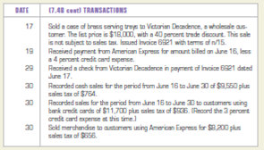 Recording sales made for cash, open account, and with credit cards.  The Victorian Elegance China Shop sells china, stemware, and other gift items. Sales to retail customers are subject to an 8 percent sales tax. The firm sells its merchandise for cash; to customers using bank credit cards, such as MasterCard and VISA; and, to customers using American Express. The bank credit cards charge a 3 percent fee. American Express charges a 4 percent fee. The Victorian Elegance China Shop also grants trade discounts to certain wholesale customers who place large orders. These orders are not subject to sales tax. During June 2013, The Victorian Elegance China Shop engaged in the following transactions:         INSTRUCTIONS  1. Open the general ledger accounts indicated below and enter the balances as of June 1, 2013. 2. Record the transactions in a general journal. Use 15 as the journal page number. 3. Post the entries from the general journal to the appropriate accounts in the general ledger. GENERAL LEDGER ACCOUNTS      Analyze: What was the total credit card expense incurred in June?