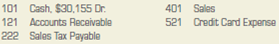 Recording sales made for cash, open account, and with credit cards.  The Victorian Elegance China Shop sells china, stemware, and other gift items. Sales to retail customers are subject to an 8 percent sales tax. The firm sells its merchandise for cash; to customers using bank credit cards, such as MasterCard and VISA; and, to customers using American Express. The bank credit cards charge a 3 percent fee. American Express charges a 4 percent fee. The Victorian Elegance China Shop also grants trade discounts to certain wholesale customers who place large orders. These orders are not subject to sales tax. During June 2013, The Victorian Elegance China Shop engaged in the following transactions:         INSTRUCTIONS  1. Open the general ledger accounts indicated below and enter the balances as of June 1, 2013. 2. Record the transactions in a general journal. Use 15 as the journal page number. 3. Post the entries from the general journal to the appropriate accounts in the general ledger. GENERAL LEDGER ACCOUNTS      Analyze: What was the total credit card expense incurred in June?