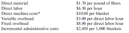 Cost-Based Pricing  Otero Fibers, Inc., specializes in the manufacture of synthetic fibers that the company uses in many products such as blankets, coats, and uniforms for police and firefighters. Otero has been in business since 1985 and has been profitable every year since 1993. The company uses a standard cost system and applies overhead on the basis of direct labor hours. Otero has recently received a request to bid on the manufacture of 800,000 blankets scheduled for delivery to several military bases. The bid must be stated at full cost per unit plus a return on full cost of no more than 10 percent after income taxes. Full cost has been defined as including all variable costs of manufacturing the product, a reasonable amount of fixed overhead, and reasonable incremental administrative costs associated with the manufacture and sale of the product. The contractor has indicated that bids in excess of $30 per blanket are not likely to be considered. In order to prepare the bid for the 800,000 blankets, Andrea Lightner, cost accountant, has gathered the following information about the costs associated with the production of the blankets.         * Direct machine costs consist of items such as special lubricants, replacement of needles used in stitching, and maintenance costs. These costs are not included in the normal overhead rates. ** Otero recently developed a new blanket fiber at a cost of $750,000. In an effort to recover this cost, Otero has instituted a policy of adding a $0.50 fee to the cost of each blanket using the new fiber. To date, the company has recovered $125,000. Lightner knows that this fee does not fit within the definition of full cost, as it is not a cost of manufacturing the product. Required:  1. Calculate the minimum price per blanket that Otero Fibers could bid without reducing the company's operating income. 2. Using the full-cost criteria and the maximum allowable return specified, calculate Otero Fibers' bid price per blanket.  3. Without prejudice to your answer to Requirement 2, assume that the price per blanket that Otero Fibers calculated using the cost-plus criteria specified is greater than the maximum bid of $30 per blanket allowed. Discuss the factors that Otero Fibers should consider before deciding whether or not to submit a bid at the maximum acceptable price of $30 per blanket. (CMA adapted)