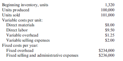 Income Statements, Variable and Absorption Costing  The following information pertains to Vladamir, Inc., for last year:     There are no work-in-process inventories. Normal activity is 100,000 units. Expected and actual overhead costs are the same. Costs have not changed from one year to the next. Required:  1. How many units are in ending inventory? 2. Without preparing an income statement, indicate what the difference will be between variable-costing income and absorption-costing income. 3. Assume the selling price per unit is $29. Prepare an income statement using (a) variable costing and (b) absorption costing.