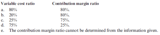 Dartmouth Company produces a single product with a price of $12, variable cost per unit of $3, and total fixed cost of $7,200. Refer to the information for Dartmouth above. The variable cost ratio and the contribution margin ratio for Dartmouth are