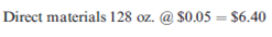Materials Variances  Manzana Company produces apple juice sold in gallons. Recently, the company adopted the following material standard for one gallon of its apple juice:     During the first week of operation, the company experienced the following results: a. Gallon units produced: 20,000. b. Ounces of materials purchased and used: 2,650,000 ounces at $0.045. c. No beginning or ending inventories of raw materials. Required:  1. Compute the materials price variance. 2. Compute the materials usage variance. 3. During the second week, the materials usage variance was $4,000 unfavorable and the materials price variance was $20,000 unfavorable. The company purchased and used 2,000,000 ounces of material during this week. How many gallons of juice were produced and what was the actual price paid per ounce of materials?
