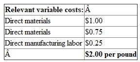 a. NoFat manufactures one product, olestra, and sells it to large potato chip manufacturers as the key ingredient in NoFat snack foods, including ruffles, lays, Doritos and Tostitos brand products. For each of the past three years, sales of olestra have been far less than the expected annual volume of 125,000 pounds. One company, Patterson union (PU), a toxic waste cleanup company offered to buy 10,000 of olestra from NoFat during December for a price of $2.20 per pound. For the special offer NoFat would bear $1,000 cost of the inspection team. From the relevant information given in the case the relevant revenues from the special sales offer is computed as follows: Given:     Hence, the relevant revenue from the special offer is $22,000. b. Relevant costs from the special offer are computed as follows:   Given:     A relevant fixed cost is calculated as follows:     If the special sale is accepted the plant inspection team cost is:   The relevant cost from the special sales offer is   Hence, the relevant cost associated with the special offer is $25,000. c. The relevant profit associated with the special sales offer is:  
