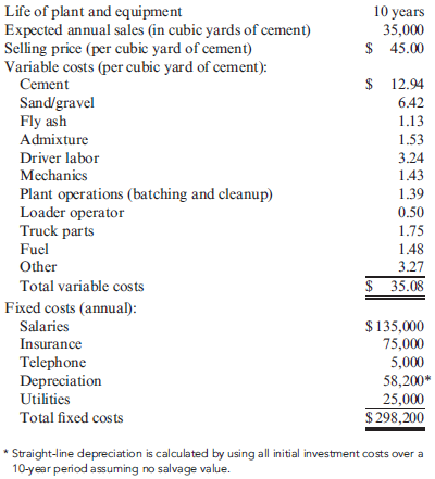 Payback, Net Present Value, Internal Rate of Return, Effects of Differences in Sales on Project Viability Shaftel Ready Mix is a processor and supplier of concrete, aggregate, and rock products. The company operates in the intermountain western United States. Currently, Shaftel has 14 cementprocessing plants and a labor force of more than 375 employees. With the exception of cement powder, all materials (e.g., aggregates and sand) are produced internally by the company. The demand for concrete and aggregates has been growing steadily nationally. In the West, the growth rate has been above the national average. Because of this growth, Shaftel has more than tripled its gross revenues over the past 10 years. Of the intermountain states, Arizona has been experiencing the most growth. Processing plants have been added over the past several years, and the company is considering the addition of yet another plant to be located in Scottsdale. A major advantage of another plant in Arizona is the ability to operate year round, a feature not found in states such as Utah and Wyoming. In setting up the new plant, land would have to be purchased and a small building constructed. Equipment and furniture would not need to be purchased; these items would be transferred from a plant that opened in Wyoming during the oil boom period and closed a few years after the end of that boom. However, the equipment needs some repair and modifications before it can be used. The equipment has a book value of $200,000, and the furniture has a book value of $30,000. Neither has any outside market value. Other costs, such as the installation of a silo, well, electrical hookups, and so on, will be incurred. No salvage value is expected. The summary of the initial investment costs by category is as follows:   Estimates concerning the operation of the Scottsdale plant follow:   After reviewing these data, Karl Flemming, vice president of operations, argued against the proposed plant. Karl was concerned because the plant would earn significantly less than the normal 8.3% return on sales. All other plants in the company were earning between 7.5 and 8.5% on sales. Karl also noted that it would take more than 5 years to recover the total initial outlay of $582,000. In the past, the company had always insisted that payback be no more than 4 years. The company's cost of capital is 10%. Assume that there are no income taxes.<div style=padding-top: 35px> 