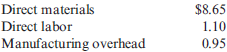 JackMan Company produces diecast metal bulldozers for toy shops. JackMan estimated the following average costs per bulldozer: Prime cost per unit is A) $8.65. B) $1.10. C) $0.95. D) $2.05. E) $9.75.