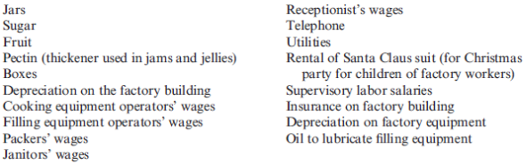 Classifying Cost of Production  A factory manufactures jelly. The jars of jelly are packed six to a box, and the boxes are sold to grocery stores. The following types of cost were incurred:    Required:  Classify each of the costs as direct materials, direct labor, or overhead by using the following table. The row for ''Jars'' is filled in as an example.  