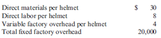Variable Cost, Fixed Cost, Contribution Margin Income Statement  Head-First Company plans to sell 5,000 bicycle helmets at $75 each in the coming year. Product costs include:    Variable selling expense is a commission of $3 per helmet; fixed selling and administrative expense totals $29,500. Required : 1. Calculate the total variable cost per unit. 2. Calculate the total fixed expense for the year. 3. Prepare a contribution margin income statement for Head-First Company for the coming year.