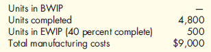 Equivalent Units, Unit Cost, Valuation of Goods Transferred Out and Ending Work in Process  The cooking department had the following data for the month of March:    Required:  1. What is the output in equivalent units for March  2. What is the unit manufacturing cost for March  3. Compute the cost of goods transferred out for March. 4. Calculate the value of March's EWIP.