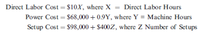 Traditional versus Activity Flexible Budgeting  Carly Davis, production manager, was upset and puzzled by the latest performance report, which indicated that she was $100,000 over budget. She and her staff had worked hard to beat the budget. Now she saw that three items-direct labor, power, and setups-were over budget. The actual costs for these three items were as follows:    Carly felt that the additional labor and power cost were due to the fact that her team produced more units than originally budgeted. Uncertainty in scheduling had led to more setups than planned. She asked Sean Carpenter, the controller, why the performance report did not take the additional production into account. Sean assured Carly that he did adjust the report for increased production and showed her the budget formulas he used to predict the costs for different levels of activity. The formulas were based on direct labor hours as follows:    Carly pointed out that power costs were unrelated to direct labor hours, but that they seemed to vary with machine hours instead. She also pointed out that setup costs were not fixed. They varied with the number of setups-which had increased due to scheduling changes. The increase in setups required her team to work overtime, adding to the costs. Each setup also took supplies that added significantly to overhead costs. Sean agreed that the formulas did not adequately take care of Carly's concerns. He agreed to develop a new set of cost formulas based on better explanatory variables. After a few days, Sean shared the following cost formulas with Carly:    The actual measure of each activity driver is as follows:    Required:  1. Prepare a performance report for direct labor, power, and setups using the direct laborbased formulas. 2. Prepare a performance report for direct labor, power, and setups using the multiple cost driver formulas that Sean developed. 3. CONCEPTUAL CONNECTION Of the two approaches, which provides the more accurate picture of Carly's performance Why