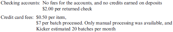 Differential Costing  As pointed out earlier in ''Here's the Real Kicker,'' Kicker changed banks a couple of years ago because the loan officer at its bank moved out of state. Kicker saw that as an opportunity to take bids for its banking business and to fine-tune the banking services it was using. This problem uses that situation as the underlying scenario but uses three banks: FirstBank, Community Bank, and RegionalOne Bank. A set of representative data was presented to each bank for the purpose of preparing a bid. The data are as follows: Checking accounts needed: 6 Checks per month:* 2,000 Foreign debits/credits on checking accounts per month: 200 Deposits per month:* 300 Returned checks:* 25 per month Credit card charges per month: 4,000 Wire transfers per month: 100, of which 60 are to foreign bank accounts Monthly credit needs (line of credit availability and cost): $100,000 average monthly usage *These are overall totals for the six accounts during a month. Internet banking services  Knowledgeable loan officer  Responsiveness of bank  FirstBank Bid:    Credit card fees: $0.50 per item Wire transfers: $15 to domestic bank accounts, $50 to foreign bank accounts    The loan officer assigned to the potential Kicker account had 10 years of experience with medium to large business banking and showed an understanding of the audio industry. Community Bank Bid:    Wire transfers: $30 per wire transfer    Internet banking services Not currently, but within the next six months The loan officer assigned to the potential Kicker account had 4 years of experience with medium to large business banking, none of which pertained to the audio industry. RegionalOne Bank Bid:    Credit card fees: $0.50 per item Wire transfers: $10 to domestic bank accounts, $55 to foreign bank accounts    The loan officer assigned to the potential Kicker account had 2 years of experience with large business banking. Another branch of the bank had expertise in the audio industry and would be willing to help as needed. This bank was the first one to submit a bid. Required:  1. Calculate the predicted monthly cost of banking with each bank. Round answers to the nearest dollar. 2. CONCEPTUAL CONNECTION Suppose Kicker felt that full online Internet banking was critical. How would that affect your analysis from Requirement 1 How would you incorporate the subjective factors (e.g., experience, access to expertise)