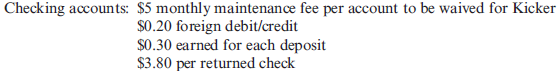 Differential Costing  As pointed out earlier in ''Here's the Real Kicker,'' Kicker changed banks a couple of years ago because the loan officer at its bank moved out of state. Kicker saw that as an opportunity to take bids for its banking business and to fine-tune the banking services it was using. This problem uses that situation as the underlying scenario but uses three banks: FirstBank, Community Bank, and RegionalOne Bank. A set of representative data was presented to each bank for the purpose of preparing a bid. The data are as follows: Checking accounts needed: 6 Checks per month:* 2,000 Foreign debits/credits on checking accounts per month: 200 Deposits per month:* 300 Returned checks:* 25 per month Credit card charges per month: 4,000 Wire transfers per month: 100, of which 60 are to foreign bank accounts Monthly credit needs (line of credit availability and cost): $100,000 average monthly usage *These are overall totals for the six accounts during a month. Internet banking services  Knowledgeable loan officer  Responsiveness of bank  FirstBank Bid:    Credit card fees: $0.50 per item Wire transfers: $15 to domestic bank accounts, $50 to foreign bank accounts    The loan officer assigned to the potential Kicker account had 10 years of experience with medium to large business banking and showed an understanding of the audio industry. Community Bank Bid:    Wire transfers: $30 per wire transfer    Internet banking services Not currently, but within the next six months The loan officer assigned to the potential Kicker account had 4 years of experience with medium to large business banking, none of which pertained to the audio industry. RegionalOne Bank Bid:    Credit card fees: $0.50 per item Wire transfers: $10 to domestic bank accounts, $55 to foreign bank accounts    The loan officer assigned to the potential Kicker account had 2 years of experience with large business banking. Another branch of the bank had expertise in the audio industry and would be willing to help as needed. This bank was the first one to submit a bid. Required:  1. Calculate the predicted monthly cost of banking with each bank. Round answers to the nearest dollar. 2. CONCEPTUAL CONNECTION Suppose Kicker felt that full online Internet banking was critical. How would that affect your analysis from Requirement 1 How would you incorporate the subjective factors (e.g., experience, access to expertise)
