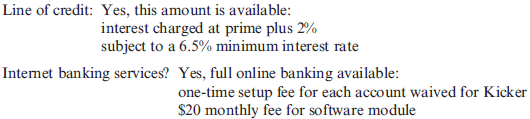 Differential Costing  As pointed out earlier in ''Here's the Real Kicker,'' Kicker changed banks a couple of years ago because the loan officer at its bank moved out of state. Kicker saw that as an opportunity to take bids for its banking business and to fine-tune the banking services it was using. This problem uses that situation as the underlying scenario but uses three banks: FirstBank, Community Bank, and RegionalOne Bank. A set of representative data was presented to each bank for the purpose of preparing a bid. The data are as follows: Checking accounts needed: 6 Checks per month:* 2,000 Foreign debits/credits on checking accounts per month: 200 Deposits per month:* 300 Returned checks:* 25 per month Credit card charges per month: 4,000 Wire transfers per month: 100, of which 60 are to foreign bank accounts Monthly credit needs (line of credit availability and cost): $100,000 average monthly usage *These are overall totals for the six accounts during a month. Internet banking services  Knowledgeable loan officer  Responsiveness of bank  FirstBank Bid:    Credit card fees: $0.50 per item Wire transfers: $15 to domestic bank accounts, $50 to foreign bank accounts    The loan officer assigned to the potential Kicker account had 10 years of experience with medium to large business banking and showed an understanding of the audio industry. Community Bank Bid:    Wire transfers: $30 per wire transfer    Internet banking services Not currently, but within the next six months The loan officer assigned to the potential Kicker account had 4 years of experience with medium to large business banking, none of which pertained to the audio industry. RegionalOne Bank Bid:    Credit card fees: $0.50 per item Wire transfers: $10 to domestic bank accounts, $55 to foreign bank accounts    The loan officer assigned to the potential Kicker account had 2 years of experience with large business banking. Another branch of the bank had expertise in the audio industry and would be willing to help as needed. This bank was the first one to submit a bid. Required:  1. Calculate the predicted monthly cost of banking with each bank. Round answers to the nearest dollar. 2. CONCEPTUAL CONNECTION Suppose Kicker felt that full online Internet banking was critical. How would that affect your analysis from Requirement 1 How would you incorporate the subjective factors (e.g., experience, access to expertise)
