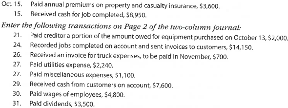Journal entries and trial balance On October 1, 2018, Jay Pryor established an interior decorating business, Pioneer Designs. During the month, Jay completed the following transactions related to the business: Instructions 1. Journalize each transaction in a two-column journal beginning on Page 1, referring to the following chart of accounts in selecting the accounts to be debited and credited. (Do not insert the account numbers in the journal at this time.) Journal entry explanations may be omitted. 2. Post the journal to a ledger of four-column accounts, inserting appropriate posting references as each item is posted. Extend the balances to the appropriate balance columns after each transaction is posted. 3. Prepare an unadjusted trial balance for Pioneer Designs as of October 31, 2018. 4. Determine the excess of revenues over expenses for October. 5. Can you think of any reason why the amount determined in (4) might not be the net income for October?