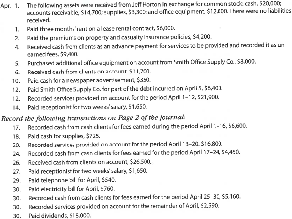 Complete accounting cycle  For the past several years, Jeff Horton has operated a part-time consulting business from his home. As of April 1, 2018, Jeff decided to move to rented quarters and to operate the business, which was to be known as Rosebud Consulting, on a full-time basis. Rosebud entered into the following transactions during April:     Instructions  1. Journalize each transaction in a two-column journal starting on Page 1, referring to the following chart of accounts in selecting the accounts to be debited and credited. (Do not insert the account numbers in the journal at this time.)     2. Post the journal to a ledger of four-column accounts.  3. Prepare an unadjusted trial balance.  4. At the end of April, the following adjustment data were assembled. Analyze and use these data to complete parts (5) and (6).  (A) Insurance expired during April is $350. (B) Supplies on hand on April 30 are $1,225. (C) Depreciation of office equipment for April is $400. (D) Accrued receptionist salary on April 30 is $275. (E) Rent expired during April is $2,000. (F) Unearned fees on April 30 are $2,350. 5. (Optional) Enter the unadjusted trial balance on an end-of-period spreadsheet and complete the spreadsheet.  6. Journalize and post the adjusting entries. Record the adjusting entries on Page 3 of the journal.  7. Prepare an adjusted trial balance.  8. Prepare an income statement, a retained earnings statement, and a balance sheet.  9. Prepare and post the closing entries. Record the closing entries on Page 4 of the journal. (Income Summary is account #34 in the chart of accounts.) Indicate closed accounts by inserting a line in both the Balance columns opposite the closing entry.  10. Prepare a post-closing trial balance.
