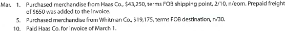 Purchase-related transactions using perpetual inventory system The following selected transactions were completed by Niles Co. during March of the current year:     Instructions Journalize the entries to record the transactions of Niles Co. for March.<div style=padding-top: 35px> 