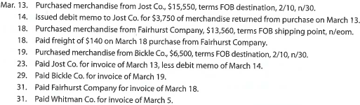 Purchase-related transactions using perpetual inventory system The following selected transactions were completed by Niles Co. during March of the current year:     Instructions Journalize the entries to record the transactions of Niles Co. for March.<div style=padding-top: 35px> 