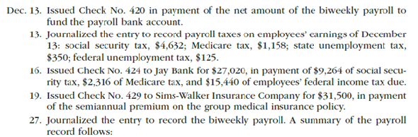 Payroll accounts and year-end entries  The following accounts, with the balances indicated, appear in the ledger of Garcon Co. on December 1 of the current year:     The following transactions relating to payroll, payroll deductions, and payroll taxes occurred during December:                     Instructions  1. Journalize the transactions. 2. Journalize the following adjusting entries on December 31: a. Salaries accrued: operations salaries, $8,560; officers salaries, $5,600; office salaries, $1,400. The payroll taxes are immaterial and are not accrued. b. Vacation pay, $15,000.