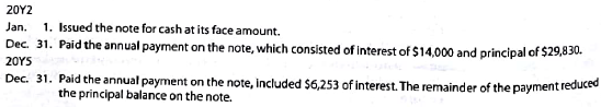 Entries for installment note transactions  On January 1 of 20Y2, Hebron Company issued a $175,000, five-year, 8% installment note to Ventsam Bank. The note requires annual payments of $43,380, beginning on December 31 of 20Y2. Journalize the entries to record the following:   