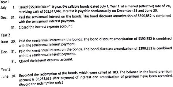 Entries for bonds payable, including bond redemption  The following transactions were completed by Montague Inc., whose fiscal year is the calendar year:     Instructions  1. Journalize the entries to record the foregoing transactions. 2. Indicate the amount of the interest expense in (A) Year 1 and (B) Year 2.  3. Determine the carrying amount of the bonds as of December 31, Year 2.