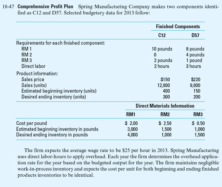 Comprehensive Profit Plan (Kaizen Budgeting) (Use information in Problem 10-47 for Spring Manufacturing Company.) Spring Manufacturing Company has had a continuous improvement(kaizen) program for the last two years. According to the kaizen program, the firm is expected to manufacture C12 and D57 with the following specifications:     The company specifies that the variable factory overhead is to decrease by 10% while the fixed factory overhead is to decrease by 5%, except for depreciation expenses. The company does not expect the price of the raw materials to change. However, the hourly wage rate is likely to be $30. Required  1. What is the budgeted after-tax operating income if the company can attain the expected operation level as prescribed by its kaizen program 2. What are the benefits of Spring Manufacturing Company adopting a continuous-improvement program What are the limitations Reference:       