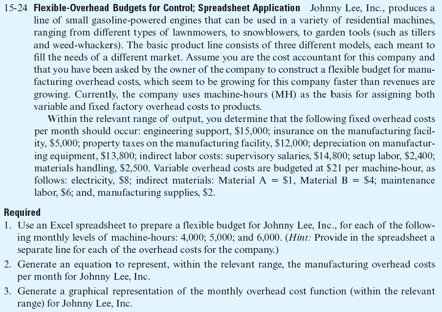 Journal Entries for Factory Overhead Costs and Standard Cost Variances; Spreadsheet Application  Refer to the information for Johnny Lee, Inc., in Exercise 15-24. Assume that in a given month the standard allowed machine-hours for output produced were 5,500. Also, assume that the denominator activity level for setting the predetermined overhead rate is 6,550 machine-hours per month.  Actual fixed overhead costs for the month were as follows: engineering support, $15,500 (salaries); factory insurance, $5,500; property taxes, $12,000; equipment depreciation, $13,800; supervisory salaries, $14,800; setup labor, $2,200; materials-handling labor, $2,400. The actual variable overhead cost per machine-hour worked was equal to the standard cost except for the following two items: electricity, $8.50 per machine-hour; manufacturing supplies, $2.10 per machine-hour. The company used 5,600 machine-hours in December. The company uses a single overhead account, Factory Overhead, and performs a two-way analysis of the total overhead cost variance each month. Required  1. Calculate the (a) flexible-budget variance, and (b) the fixed overhead production volume variance for the month. ( Hint: The total overhead variance for the month is $16,660U.) 2. Provide summary journal entries to record actual overhead costs and standard overhead cost applied to production during the month. 3. Provide the journal entry to record the two overhead cost variances for the month. 4. Assume that the variances calculated above represent net variances for the year. Give the required journal entry to close these variances to the Cost of Goods Sold (CGS) account. Reference:   