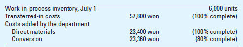 Weighted-Average Method; Transferred-in Costs Sanyo Corporation manufactures a popular model of business calculators in a suburb of Seoul, South Korea. The production process goes through two departments, assembly and testing. The following information (in thousands of South Korean currency, the won) pertains to the testing department for the month of July.     During the month of July, 15,000 units were transferred in from the assembly department at the cost of 141,700 won, and the testing department added costs of 201,820 won, as follows:     During the month, 18,000 units were completed and transferred to the warehouse. At July 31, the completion percentage of work-in-process was as follows:     Required  1. Prepare the production report of the testing department for the month of July using weighted-average process costing. 2. Check the most recent issue of The Wall Street Journal or www.federalreserve.gov/releases/H10/hist to learn the exchange rate between the U.S. dollar and the South Korean won.