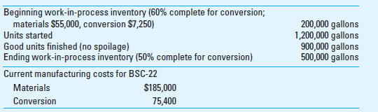 Process Costing and Activity-Based Costing Beaumont Specialty Chemicals, Inc. (BSC), is a manufacturer of specialty chemicals sold to manufacturers, hospitals, and other users. BSC produces about one million gallons of its main product BSC-22 each month. The data for BSC-22 for July follows. The chemical raw materials are added at the beginning of processing.     Each month BSC averages 100 batches of BSC-22 with approximately 12,000 gallons per batch. The pattern of customer orders is that large orders come in at all times of the month, while small orders tend to cluster around the last few days of the month. The small orders are due to salespersons trying to meet monthly sales quotas and the buying patterns of smaller customers who want their shipments early in the following month. As a result, in the average month three-fourths of the total orders are started in the last few days of the month, and most are not completed until early in the following month. For example, in July, 100 batches were in process, and 70 were still in the ending work-in-process inventory at the end of the month. Ted Brown, plant controller for BSC, thinks that the current costing method, using weighted-average process costing, underestimates the cost of the ending work-in-process inventory as well as the cost of smaller jobs. Required  1. Prepare the production cost report using the weighted-average method. 2. Assume that $28,500 of the $75,400 current conversion costs and $3,000 of the $7,250 beginning work-in-process costs could be traced to batch-related activities such as equipment setup. Further, assume that these batch-related costs are all incurred when the batch is started. Ted has asked you to recalculate the production cost report to separate the batch-related costs from total conversion costs. How do the results differ from the method in requirement 1 Is Ted right about underestimating the cost of ending work-in-process inventory