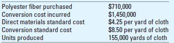 Backflush Costing Blue Water Sails, Inc. (BWS), manufactures sailcloth used by sailmakers that produce sails for sailboats. BWS's sailcloth is the conventional polyester-based sail material and is used widely in recreational boating. Sailmakers throughout the world use BWS's sailcloth. The manufacture of sailcloth has a small number of processes, and BWS integrates them carefully so that there is very little work-in-process inventory. The product is measured in yards of cloth, which is prepared in rolls 42 inches wide. Because it has little work-in-process inventory, BWS also uses backflush accounting to simplify the accounting for its operations. BWS has the following information for the most recent accounting period. The beginning inventory of polyester fiber was $142,000 and the ending inventory was $185,000.     Required  1. Show the entries for manufacturing costs, completion of 155,000 yards of product, and the closing entries. 2. Under what conditions is backflush costing used in practice