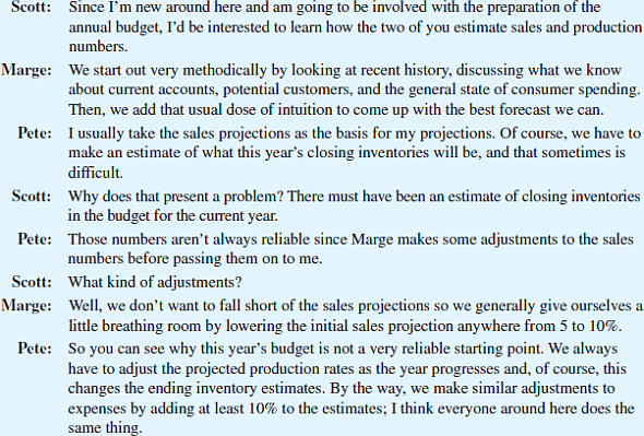 Ethics in Budgeting/Budgetary Slack Norton Company, a manufacturer of infant furniture and carriages, is in the initial stages of preparing the annual budget for the coming year. Scott Ford recently joined Norton's accounting staff and is interested in learning as much as possible about the company's budgeting process. During a recent lunch with Marge Atkins, sales manager, and Pete Granger, production manager, Scott initiated the following conversation:     Required  1. Marge Atkins and Pete Granger have described the use of budgetary slack.  a. Explain why Marge and Pete might behave in this manner, and describe the benefits they expect to realize from the use of budgetary slack. b. Explain how the use of budgetary slack can adversely affect Marge and Pete personally, and the organization as a whole. 2. As a management accountant, Scott Ford believes that the behavior described by Marge and Pete may be unethical and that he may have an obligation not to support this behavior. By citing the specific standards from the IMA's Statement of Ethical Professional Practice (www.imanet.org), explain why the use of budgetary slack may be unethical. (CMA Adapted)