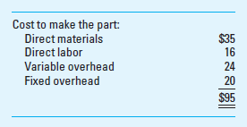 Relevant Cost Exercises Each of the following situations is independent: a. Make or Buy Terry Inc. manufactures machine parts for aircraft engines. CEO Bucky Walters is considering an offer from a subcontractor to provide 2,000 units of product OP89 for $120,000. If Terry does not purchase these parts from the subcontractor, it must continue to produce them in-house with these costs:     Required Should Terry Inc. accept the offer from the subcontractor Why or why not Include a consideration of both financial and nonfinancial factors. b. Disposal of Assets A company has an inventory of 2,000 different parts for a line of cars that has been discontinued. The net book value (NBV) of this inventory is $50,000. The parts can be either remachined at a total additional cost of $25,000 and then sold for $30,000 or sold as-is for $2,500. Required What should it do Include a consideration of both financial and nonfinancial factors. c. Replacement of an Asset An uninsured boat costing $90,000 was wrecked the first day it was used. It can be either sold as-is for $9,000 cash and replaced with a similar boat costing $92,000 or rebuilt for $75,000 and be brand new as far as operating characteristics and looks are concerned. Required What should be done Include a consideration of both financial and nonfinancial factors. d. Profit from Processing Further Deaton Corporation manufactures products A, B, and C from a joint process. Joint costs are allocated on the basis of relative sales value of the products at the split-off point. Additional information for Deaton Corporation follows:     Required  1. Define the following terms: joint production process; joint production costs; separable processing costs; and split-off point. 2. Which, if any, of products A, B, and C should be processed further and then sold (Show calculations.) 3. Why do accountants allocate to individual products joint/common costs in a joint manufacturing process  e. Make or Buy Eggers Company needs 20,000 units of a part to use in producing one of its products. If Eggers buys the part from McMillan Company for $90 instead of making it, Eggers will not use the released facilities in another manufacturing activity. Forty percent of the fixed overhead will continue irrespective of CEO Donald Mickey's decision. The cost data are     Required Determine which alternative is more attractive to Eggers and by what amount. What nonfinancial factors might bear upon the ultimate decision  f. Selection of the Most Profitable Product DVD Production Company produces two basic types of video games, Flash and Clash. Pertinent data for DVD Production Company follow:     The DVD game craze is at its height so that either Flash or Clash alone can be sold to keep the plant operating at full capacity. However, labor capacity in the plant is insufficient to meet the combined demand for both games. Flash and Clash are processed through the same production departments. Required  1. What is the meaning and importance of the statement that Flash and Clash are processed through the same production departments  2. Which product should be produced Briefly explain your answer. g. Special-Order Pricing Barry's Bar-B-Que is a popular lunch-time spot. Barry is conscientious about the quality of his meals, and he has a regular crowd of 600 patrons for his $5 lunch. His variable cost for each meal is about $2, and he figures his fixed costs, on a daily basis, at about $1,200. From time to time, bus tour groups with 50 patrons stop by. He has welcomed them since he has capacity to seat 700 diners in the average lunch period, and his cooking and wait staff can easily handle the additional load. The tour operator generally pays for the entire group on a single check to save the wait staff and cashier the additional time. Due to competitive conditions in the tour business, the operator is now asking Barry to lower the price to $3.50 per meal for each of the 50 bus tour members. Required Should Barry accept the $3.50 price Why or why not What if the tour company were willing to guarantee 200 patrons (or four bus loads) at least once a month for $3.00 per meal