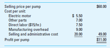 Make or Buy; Strategy Martens, Inc., manufactures a variety of electronic products. It specializes in commercial and residential products with moderate-to-large electric motors such as pumps and fans. Martens is now looking closely at its production of attic fans, which included 10,000 units in the prior year (see the table that follows). These costs included $100,000 of allocated fixed manufacturing overhead. Martens has capacity to manufacture 15,000 attic fans per year. Martens believes demand in the coming year will be 20,000 attic fans. The company has looked into the possibility of purchasing the attic fans from another manufacturer to help it meet this demand. Harris Products, a steady supplier of quality products, would be able to provide up to 9,000 attic fans per year at a price of $46 per fan delivered to Martens's facility. For each unit of product that Martens sells, regardless of whether the product has been purchased from Harris or is manufactured by Martens, there is an additional selling and administrative cost of $20, which includes an allocated $6 fixed cost per unit. The following is based on the production of 10,000 units in the prior year.     Required  1. Assuming Martens plans to meet the expected demand for 20,000 attic fans, how many should it manufacture and how many should it purchase from Harris Products Explain your reasoning with calculations. 2. Independent of requirement 1 above, assume that Beth Johnson, Martens's product manager, has suggested that the company could make better use of its fan department capacity by manufacturing marine pumps instead of fans. Johnson believes that Martens could expect to use the production capacity to produce and sell 25,000 pumps annually at a price of $60 per pump. Johnson's estimate of the costs to manufacture the pumps is presented below. If Johnson's suggestion is not accepted, Martens would sell 20,000 attic fans instead. Should Martens manufacture pumps or attic fans Information on the sales price and costs for the marine pumps follows.     3. What are some of the long-term considerations in Martens's decisions in requirements 1 and 2 above