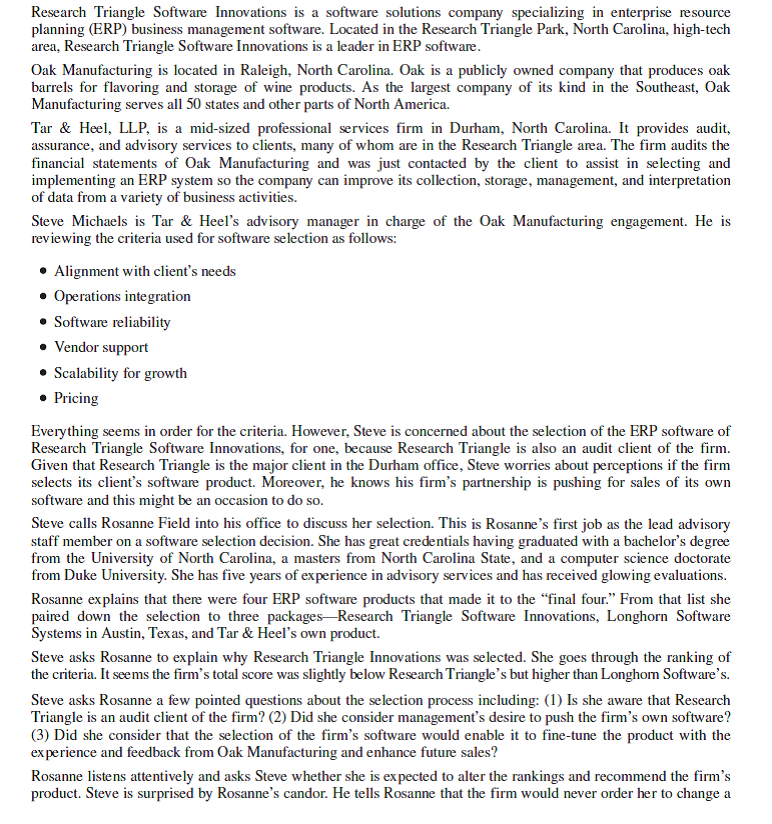 Research Triangle Software Innovations (a GVV case)     Questions 1. What are the ethical issues in this case? Discuss the obligations of Tar Heel to its stakeholders. 2. Characterize the kind of leadership demonstrated by Steve Michaels. 3. Evaluate moral intensity issues and how they might influence the actions and decisions of Rosanne. 4. Assume Rosanne decides to speak to her mentor. From past experience, she knows Vivian is a team player and has always encouraged Rosanne to do the same. Consider the following, if you were in Rosanne's position, in developing a plan to give voice to your values. • What is at stake for the key parties, including those who disagree with you? • What are the likely objections or pushback from Vivian and others? • How will you counter those positions? Are there any levers you can use to influence those who disagree with you? • What is your most powerful and persuasive response to the reasons and rationalizations you need to address?<div style=padding-top: 35px> 