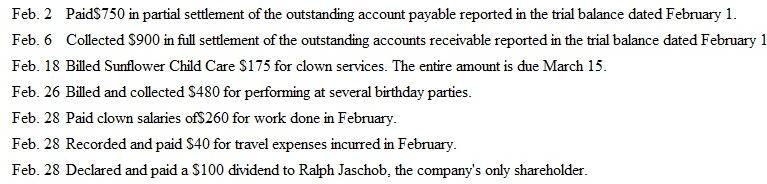 Short Comprehensive Problem Clown Around, Inc., provides party entertainment for children of all ages. The company's trial balance dated February 1, 2011 , is shown below.    Clown Around engaged in the following transactions in February:    a. Record the company's February transactions in general journal form. Include a brief explanation of the transaction as part of each journal entry. b. Post each entry to the appropriate ledger accounts (use the T account format as illustrated in Exhibit 3-8 on page 108). c. Prepare a trial balance dated February 28, 2011. (Hint: Retained Earnings will be reported at the same amount as it was on February 1. Accounting for changes in the Retained Earnings account resulting from revenue, expense, and dividend activities is discussed in Chapter 5.) d. Will the $100 dividend paid February 28 decrease the company's income? Explain.