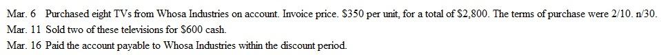 Comparison of Net Cost and Gross Price Methods Mary's TV uses a perpetual inventory system. The following are three recent merchandising transactions:    Instructions  a. Prepare journal entries to record these transactions assuming that Mary's records purchases of merchandise at: 1. Net cost. 2. Gross invoice price. b. Assume that Mary's did not pay Whosa Industries within the discount period but instead paid the full invoice price on April 6. Prepare journal entries to record this payment assuming that the original liability had been recorded at: 1. Net cost. 2. Gross invoice price. c. Assume that you are evaluating the efficiency of Mary's bill-paying procedures. Which accounting method-net cost or gross invoice price-provides you with the most useful information? Explain.