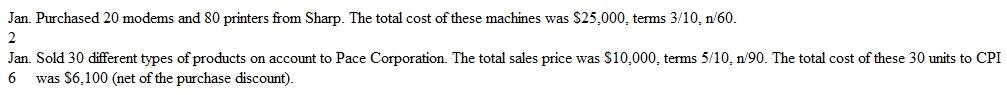 A Comprehensive Problem CPI sells computer peripherals. At December 31, 2015, CPI's inventory amounted to $500,000. During the first week in January 2016, the company made only one purchase and one sale. These transactions were as follows:     Instructions  a. Briefly describe the operating cycle of a merchandising company. Identify the assets and liabilities directly affected by this cycle. b. Prepare journal entries to record these transactions, assuming that CPI uses a perpetual inventory system. c. Compute the balance in the Inventory account at the close of business on January 6. d. Prepare journal entries to record the two transactions, assuming that CPI uses a periodic inventory system. e. Compute the cost of goods sold for the first week of January assuming use of the periodic system. (Use your answer to part c as the ending inventory.) f. Which type of inventory system do you think CPI most likely would use? Explain your reasoning. g. Compute the gross profit margin on the January 6 sales transaction.