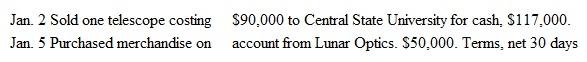 Sky Probe sells state-of-the-art telescopes to individuals and organizations interested in studying the solar system. At December 31 last year, the company's inventory amounted to $250,000. During the first week of January this year, the company made only one purchase and one sale. These transactions were as follows:    a. Prepare journal entries to record these transactions assuming that Sky Probe uses the perpetual inventory system. Use separate entries to record the sales revenue and the cost of goods sold for the sale or, January 2. b. Compute the balance of the Inventory account on January 7. c. Prepare journal entries to record the two transactions, assuming that Sky Probe uses the periodic inventory system. d. Compute the cost of goods sold for the first week of January assuming use of a periodic inventor)' system. Use your answer to part b as the ending inventory. e. Which inventory system do you believe that a company such as Sky Probe would probably use? Explain your reasoning.