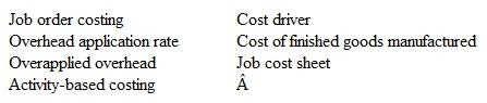 Listed below are seven technical accounting terms introduced or emphasized in this chapter.    Each of the following statements may (or may not) describe these technical terms. For each statement, indicate the term described, or answer None if the statement does not correctly describe any of the terms. a. An activity base that can be traced directly to units produced and can be used as a denominator in computing an overhead application rate.  b. The total of all direct labor, direct materials, and manufacturing overhead transferred from work in process to finished goods.  c. A means of assigning indirect product costs to work in process during the period.  d. A debit balance remaining in the Manufacturing Overhead account at the end of the period.  e. The type of cost accounting system likely to be used by a construction company.  f. The type of cost accounting method likely to be used for overhead costs.