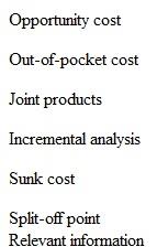 Listed below are seven technical accounting terms introduced or emphasized in this chapter.   Each of the following statements may (or may not) describe one of these terms. For each statement, indicate the accounting term or terms described, or answer none if the statement does not correctly describe any of these terms. a. Examination of differences between costs to be incurred and revenue to be earned under different courses of action. b. A cost incurred in the past that cannot be changed as a result of future actions. c. Costs and revenue that are expected to vary, depending on the course of action decided on. d. The benefit foregone by not pursuing an alternative course of action. e. Products made from common raw materials and shared production processes. f. A cost yet to be incurred that will require future payment and may vary among alternative courses of action. g. The point at which manufacturing costs are split equally between ending inventory and cost of goods sold.<div style=padding-top: 35px> 
