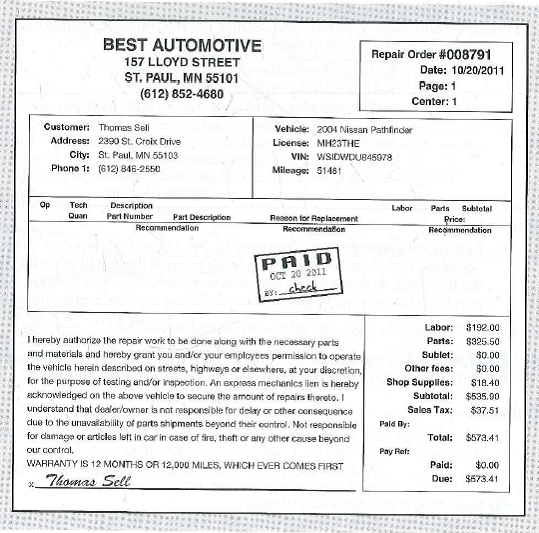 Using actual business documents  Suppose your name is Thomas Sell, and Best Automotive repaired your car. You settled the bill as noted on the following invoice. To you this is a purchase invoice. To Best Automotive, it is a sales invoice.     Requirements  1. Journalize your repair expense transaction. 2. Journalize Best Automotive's service revenue transaction.