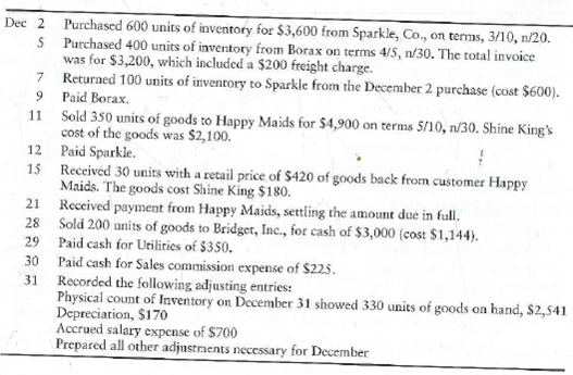 Journalizing purchase and sale transactions-perpetual inventory; making closing entries, and preparing financial statements  Shine King Cleaning has decided that, in addition to providing cleaning services, it will sell cleaning products. During December, Shine King completed the following transactions:     Requirements  1. Add any needed accounts to Shine King's existing chart of accounts. 2. Journalize and post the December transactions. Key all items by date. Compute each account balance, and denote the balance as Bal. 3. Journalize and post the adjusting entries. Denote each adjusting amount as Adj. After posting all adjusting entries, prove the equality of debits and credits in the ledger. 4. Prepare the December multi-step income statement, statement of retained earnings, and balance sheet for the company. 5. Journalize the December closing entries for the company.