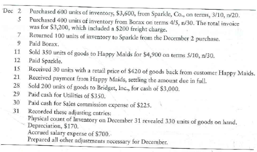 Accounting for inventory using the perpetual system-FIFO  Consider the December transactions for Shine King Cleaning that were presented in Chapter 5. (Cost data has been removed from the sale transactions.)     Requirements  1. Prepare perpetual inventory records for December for Shine King using the FIFO method. (Note: You must figure cost on the 11th, 28th, and 31st.) 2. Journalize and post the December transactions using the perpetual inventory record created in Requirement 1. Key all items by date. Compute each account balance, and denote the balance as Bal. 3. Journalize and post the adjusting entries. Denote each adjusting amount as Adj. After posting all adjusting entries, prove the equality of debits and credits in the ledger.