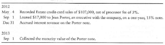 Journalizing card sales, note receivable transactions, and accruing interest  Marathon Running Shoes reports the following:     Requirement  1. Journalize all entries required for Marathon Running Shoes.